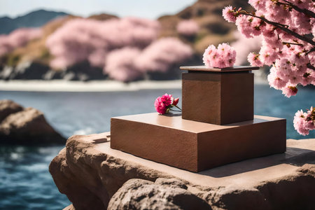 cubic brown stone podium composition with sakura flower by the sea hyperrealistic materialsの素材