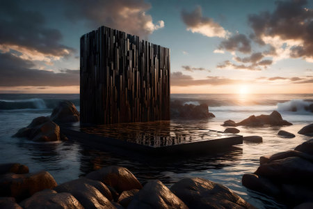 cubic black wood rock podium composition with glowing ember by the wavy ocean hyperrealistic materialsの素材