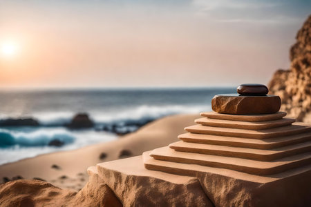 cubic brown stone cosmetic podium background with black desert by the sea hyperrealistic materialsの素材