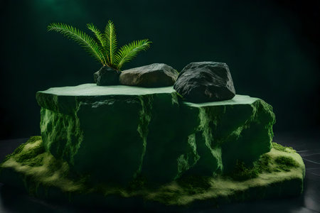 cubic green rock podium composition with quartz in the photo studio hyperrealistic materialsの素材