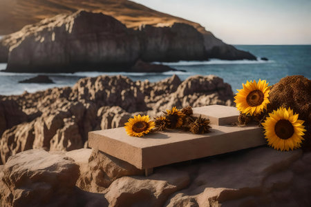 cubic brown rock podium scenery with dried sunflowers by the sea hyperrealistic materialsの素材