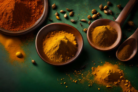 curry powder composition flat lay with free space for copy malachite backgroundの素材