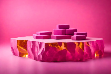 cubic pink rock cosmetic podium composition with amber in the photo studio hyperrealistic materialsの素材