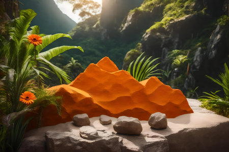 cubic orange rock podium scenery with daisy in the tropical forest hyperrealistic materialsの素材