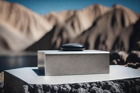 cubic silver stone cosmetic podium background with black desert in the street hyperrealistic materialsの素材