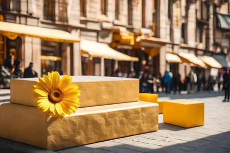 cubic yellow stone cosmetic podium background with daisy in the street hyperrealistic materialsの素材