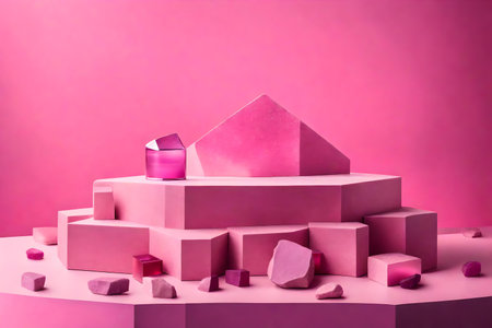 cubic pink rock cosmetic podium composition with stone in the photo studio hyperrealistic materialsの素材
