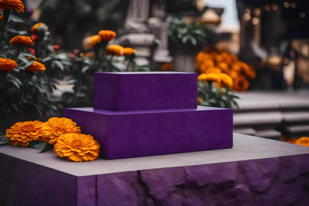 cubic purple stone podium background with marigold flower in the street hyperrealistic materialsの素材