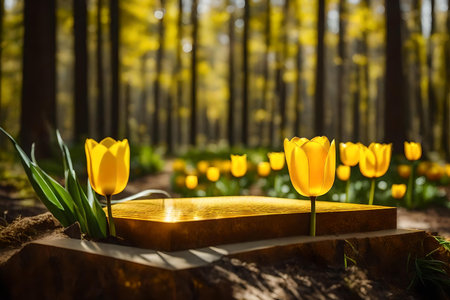cubic yellow plastic podium background with tulip in the forest hyperrealistic materialsの素材