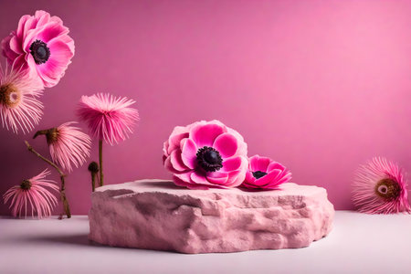 cubic pink rock podium background with dried anemone flower in the photo studio hyperrealistic materialsの素材