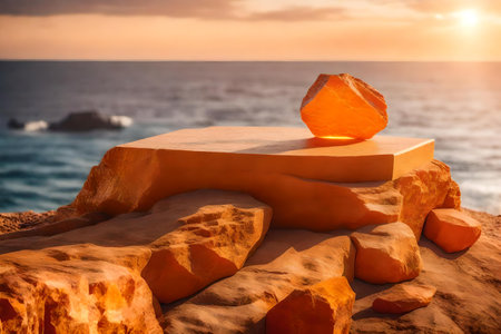 cubic orange rock podium background with amber by the sea hyperrealistic materialsの素材