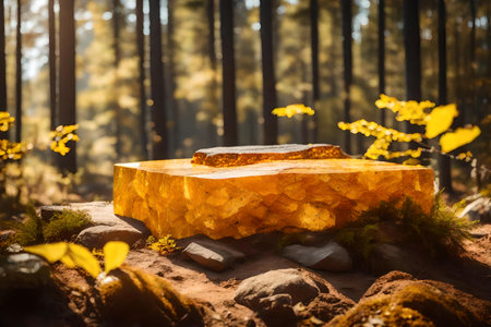 cubic yellow rock cosmetic podium composition with amber in the forest hyperrealistic materialsの素材