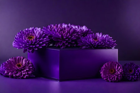 cubic purple plastic podium composition with chrysanthemum in the photo studio hyperrealistic materialsの素材