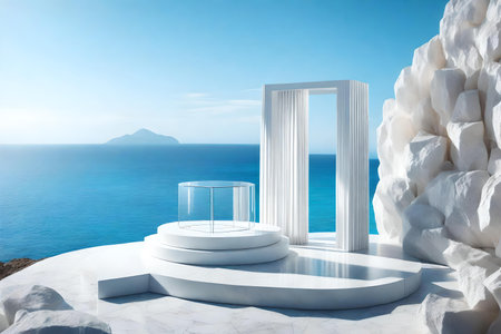 cubic white rock cosmetic podium composition with dried iris by the blue ocean hyperrealistic materialsの素材