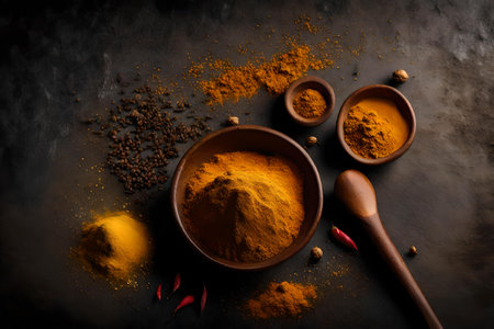 curry powder composition flat lay with free space for copy glass backgroundの素材