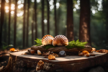 cubic wood rock podium composition with seashell in the forest hyperrealistic materialsの素材