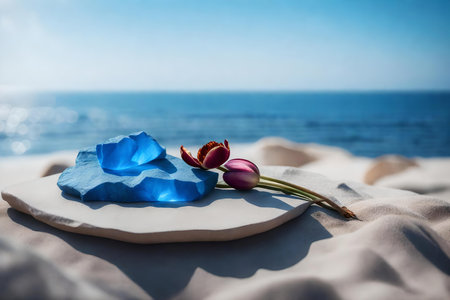 flat blue rock cosmetic podium scenery with dried tulip by the sea hyperrealistic materialsの素材
