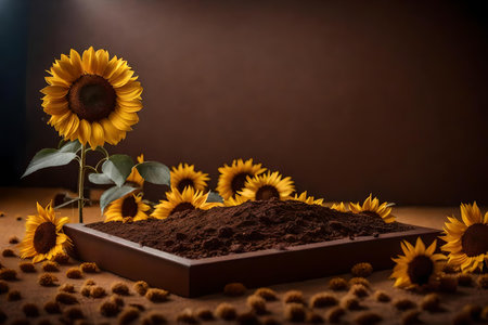 flat brown plastic podium scenery with dried sunflowers in the photo studio hyperrealistic materialsの素材
