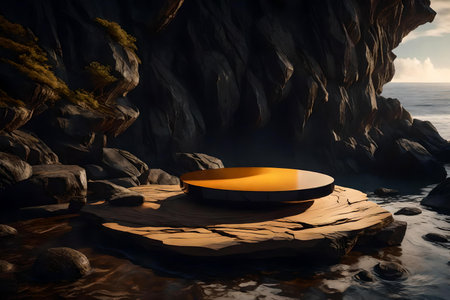 flat black wood rock cosmetic podium composition with amber by the wavy ocean hyperrealistic materialsの素材