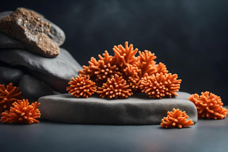 flat gray rock cosmetic podium composition with orange corals in the photo studio hyperrealistic materialsの素材