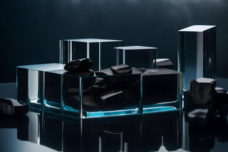 flat glass rock cosmetic podium scenery with black tourmaline in the photo studio hyperrealistic materialsの素材