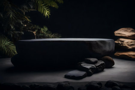 flat black wood stone podium background with rock in the photo studio hyperrealistic materialsの素材