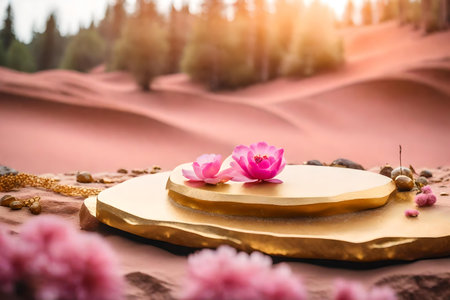 flat golden stone cosmetic podium background with pink desert in the forest hyperrealistic materialsの素材