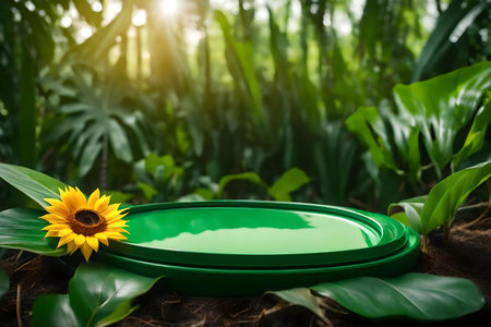 flat green plastic cosmetic podium background with sunflower in the tropical forest hyperrealistic materialsの素材
