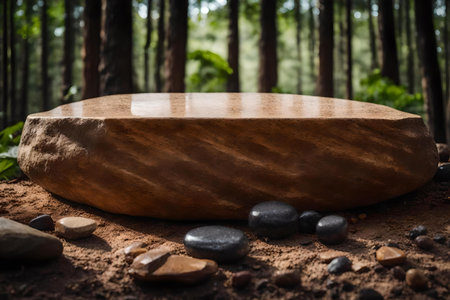 flat brown stone cosmetic podium background with marble in the forest hyperrealistic materialsの素材