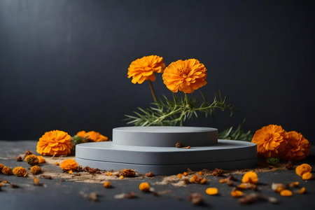 flat gray plastic cosmetic podium scenery with dried marigold flower in the photo studio hyperrealistic materialsの素材