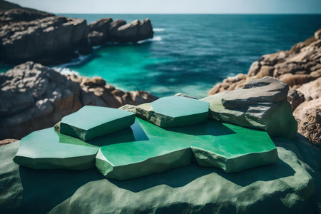 flat green rock cosmetic podium background with quartzite by the sea hyperrealistic materialsの素材