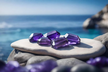 flat gray rock cosmetic podium scenery with amethyst by the sea hyperrealistic materialsの素材