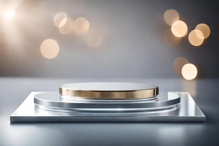 flat silver rock cosmetic podium background with glass in the photo studio hyperrealistic materialsの素材