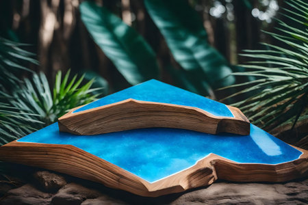 flat iridescent wooden podium background with blue calcite in the tropical forest hyperrealistic materialsの素材