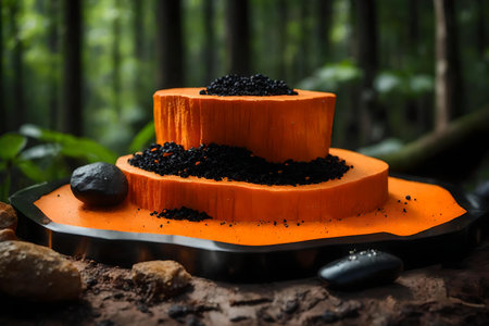 flat orange rock cosmetic podium background with black tourmaline in the forest hyperrealistic materialsの素材