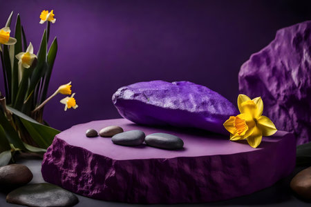 flat purple rock cosmetic podium scenery with daffodil in the photo studio hyperrealistic materialsの素材