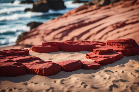 flat red rock cosmetic podium background with rock by the sea hyperrealistic materialsの素材