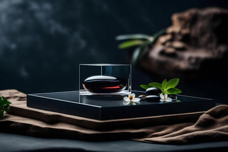 flat tinted glass stone cosmetic podium scenery with black desert in the photo studio hyperrealistic materialsの素材