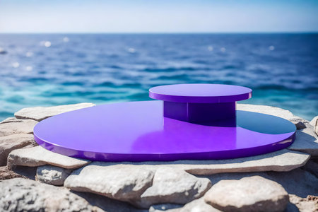 flat purple plastic podium scenery with marble by the sea hyperrealistic materialsの素材
