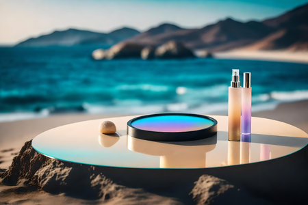 flat iridescent plastic cosmetic podium background with black desert by the sea hyperrealistic materialsの素材