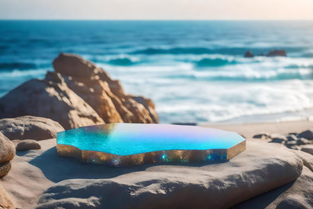flat iridescent rock cosmetic podium scenery with glass by the sea hyperrealistic materialsの素材