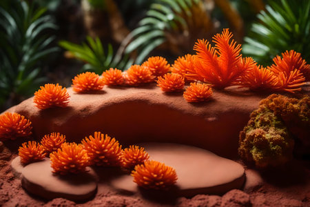 flat red rock cosmetic podium background with orange corals in the tropical forest hyperrealistic materialsの素材