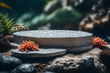 flat silver stone cosmetic podium background with stony corals in the forest hyperrealistic materialsの素材