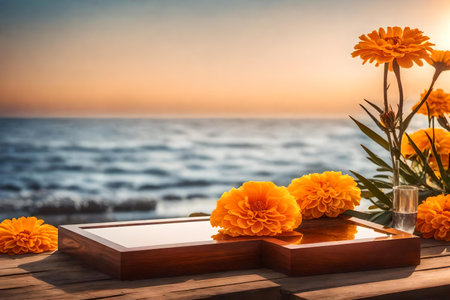 flat tinted glass wooden podium background with marigold flower by the sea hyperrealistic materialsの素材