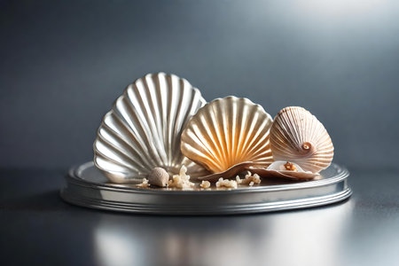 flat silver plastic podium scenery with seashell in the photo studio hyperrealistic materialsの素材