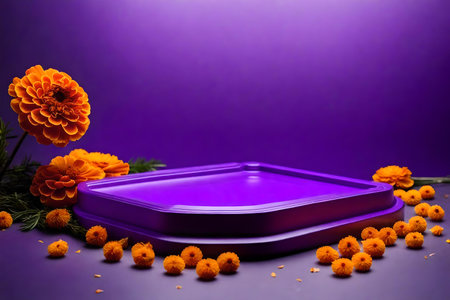flat purple plastic cosmetic podium background with dried marigold flower in the photo studio hyperrealistic materialsの素材