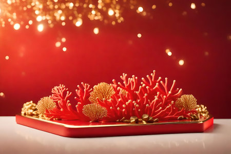 flat red plastic cosmetic podium scenery with golden corals by the sea hyperrealistic materialsの素材