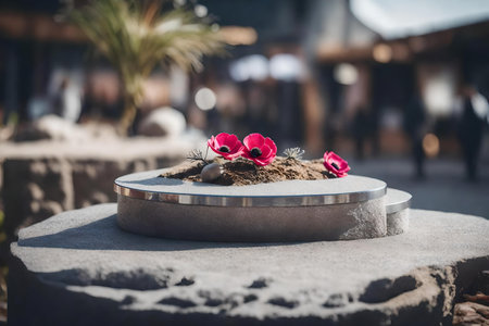 flat silver stone cosmetic podium scenery with dried anemone flower in the street hyperrealistic materialsの素材
