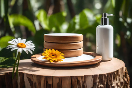 flat white wooden cosmetic podium composition with daisy in the tropical forest hyperrealistic materialsの素材
