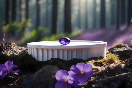 flat white plastic podium composition with amethyst in the forest hyperrealistic materialsの素材